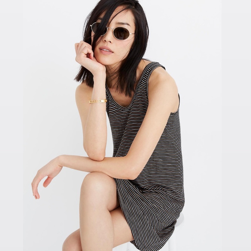 Madewell Black White & Tan Neutral Striped Scoop Neck Sleeveless Tank Dress